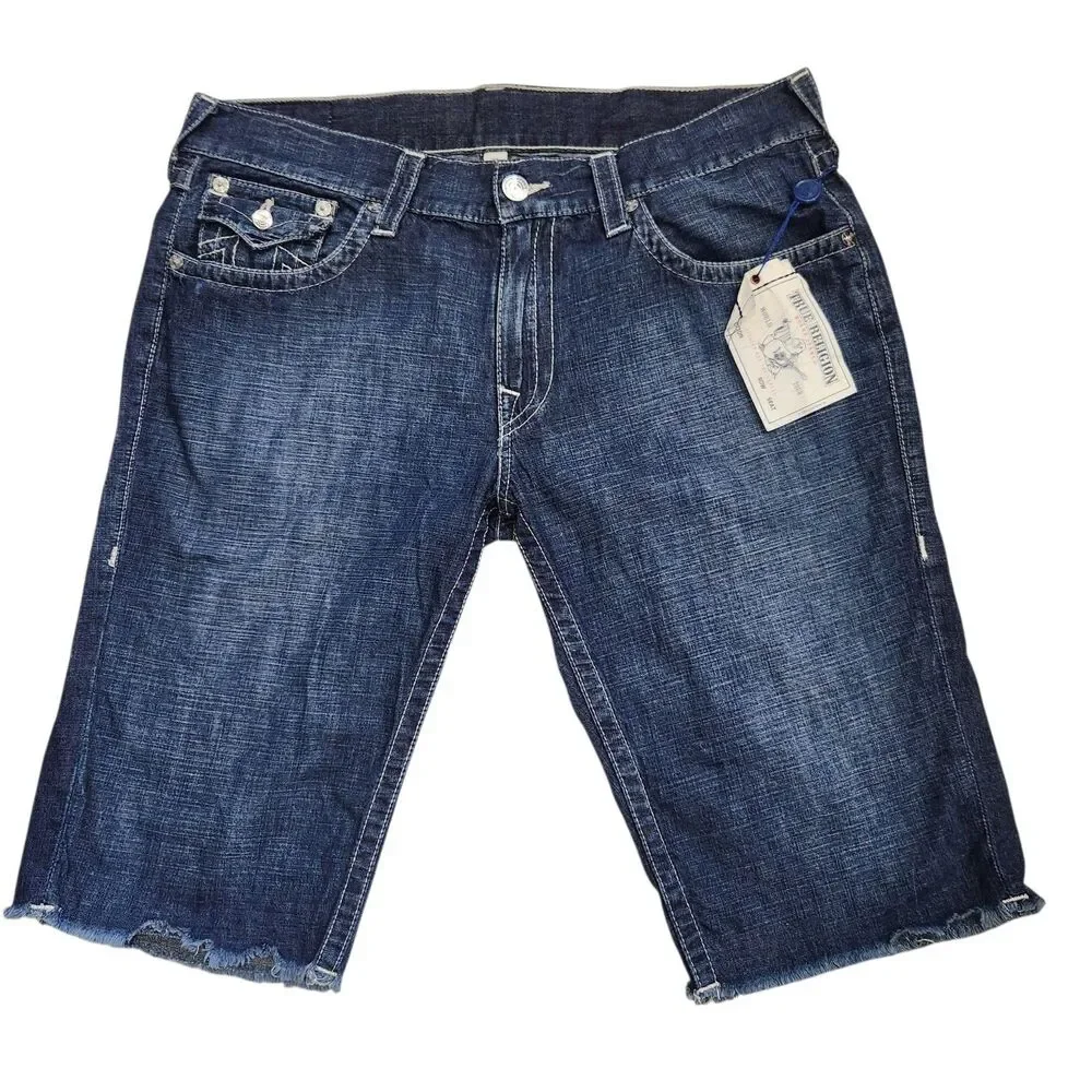 True Religion NWT 36 Denim Cut Off Shorts Raw Hem Flap Pockets Streetwear Y2K